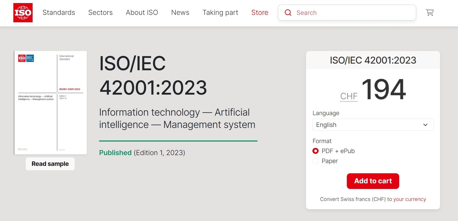 Buy and download ISO AI Management Standard